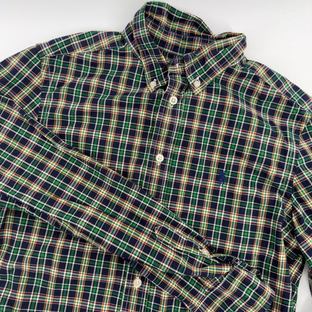 Ralph Lauren Boys Green Navy Plaid Button Down Shirt Natural Stretch Large 14-16